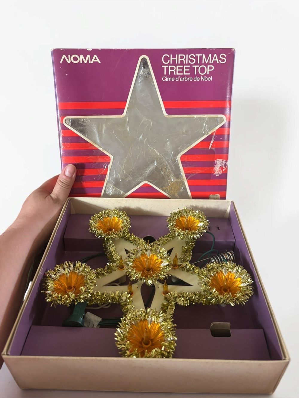Vintage NOMA Lighted Gold Tinsel Star Christmas Tree Topper Original Box